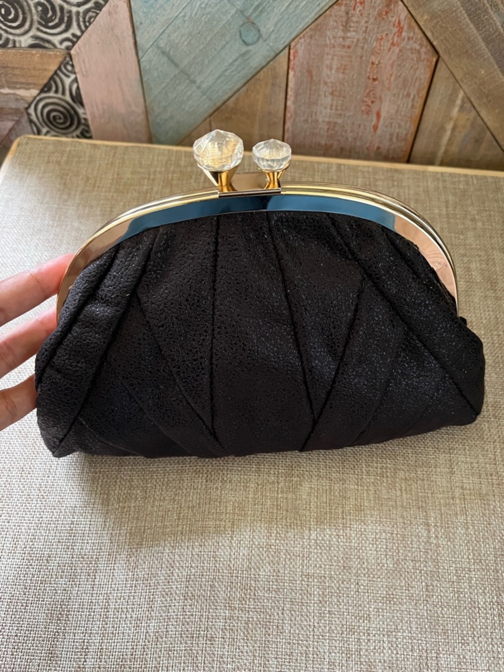 Kate Landry Black Pleated Clutch with Gold Frame - Picture 2 of 8